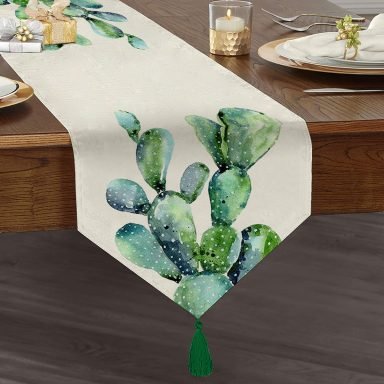 Suluboya Kaktüs Çizimli Modern Tasarım 3D Püsküllü Şönil Üçgen Runner