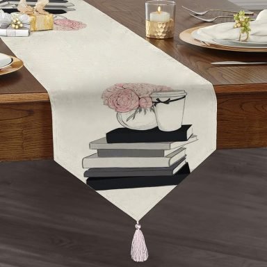 Gül Kitap ve Kahve Tasarımlı Dijital Baskılı Püsküllü Şönil Üçgen Runner