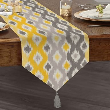 Sarı Gri Zigzag Desenli Modern Tasarımlı Dekoratif Püsküllü Şönil Üçgen Runner