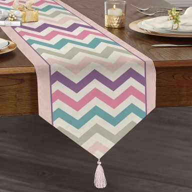 Renkli Zigzag Motifli Pembe Zeminli Modern Püsküllü Şönil Üçgen Runner
