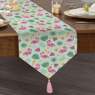 Summer Flamingo Tasarımlı Özel Tasarım Püsküllü Şönil Üçgen Runner