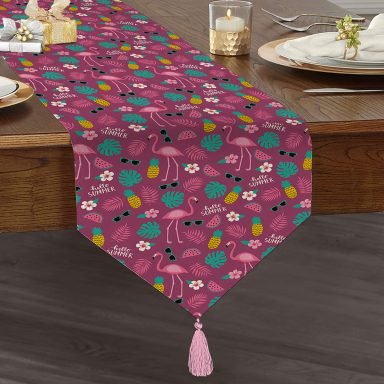 Mor Zeminde Flamingo Tasarımlı Modern Püsküllü Şönil Üçgen Runner