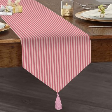 Pembe Çizgili Motifli Dekoratif Modern Püsküllü Şönil Üçgen Runner