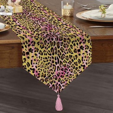Realhomes Leopar Motifli Dijital Baskılı Püsküllü Şönil Üçgen Runner