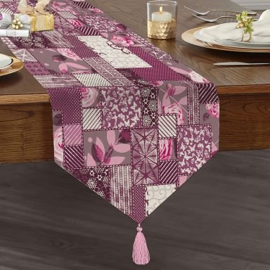 Realhomes Patchwork Desen Dijital Baskılı Modern Püsküllü Şönil Üçgen Runner