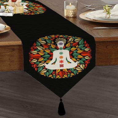 Uzak Doğu Yoga Motifleri Mandalas Özel Tasarım Dijital Baskılı Püsküllü Şönil Üçgen Runner