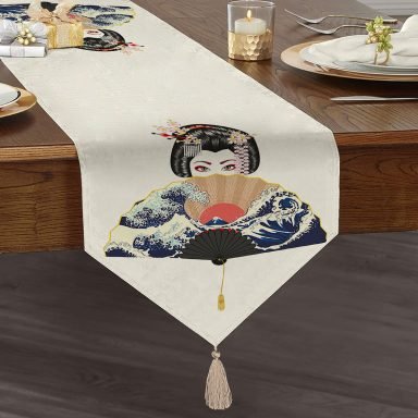 Yelpazali Japan Kadın Motifli Dekoratif Püsküllü Şönil Üçgen Runner