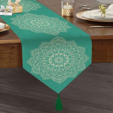 Turkuaz Zeminde Mandala Baskılı Modern Püsküllü Şönil Üçgen Runner
