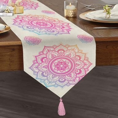 Beyaz Zeminde Pembe Mavi Mandala Desenli Özel Tasarım Püsküllü Şönil Üçgen Runner
