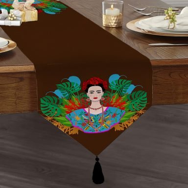 Kahverengi Zeminde Özel Tasarım Frida Kahlo Baskılı Püsküllü Şönil Üçgen Runner
