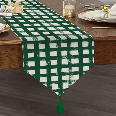 Koyu Yeşil Geometrik Kare Motifli Dekoratif Püsküllü Şönil Üçgen Runner