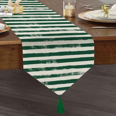 Koyu Yeşil Çizgili Motifli Dekoratif Modern Püsküllü Şönil Üçgen Runner