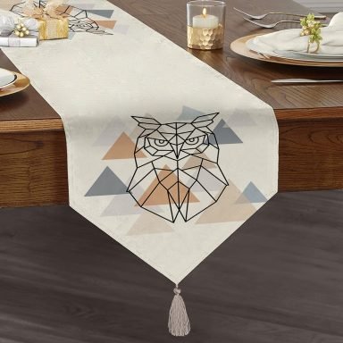 Geometrik Çizimlerden Oluşan Baykuş Motifli Özel Tasarım Püsküllü Şönil Üçgen Runner