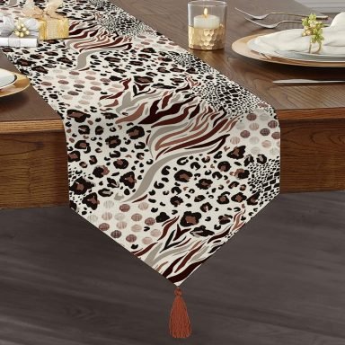 Leopar Baskılı Ikat Desenli Modern Püsküllü Şönil Üçgen Runner