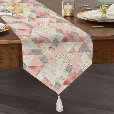 Geometrik Pembe Ve Gri Mermer Motifli Özel Tasarım Püsküllü Şönil Üçgen Runner