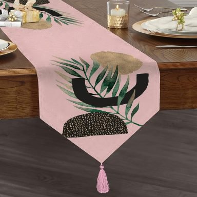 Pembe Zemin Üzerinde Soyut Yaprak Çizimli Dekoratif Püsküllü Şönil Üçgen Runner