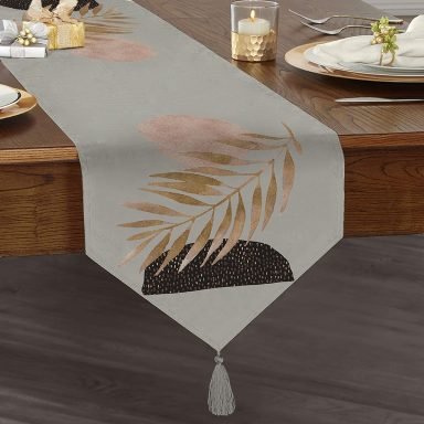 Gri Zeminde Soyut Çizim Ay ve Yaprak Motifli Modern Püsküllü Şönil Üçgen Runner