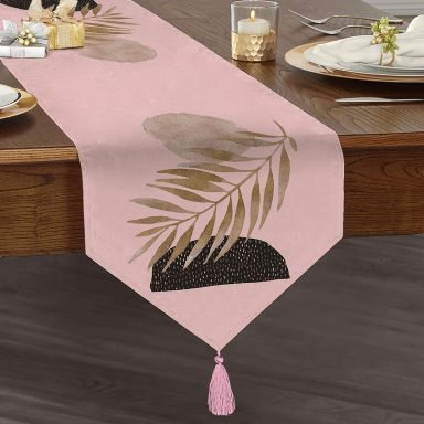 Pembe Zeminde Soyut Çizim Ay ve Yaprak Motifli Modern Püsküllü Şönil Üçgen Runner
