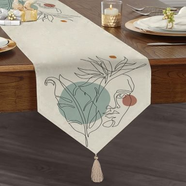 Portre Çizim Üzerinde Yaprak Desenli Dekoratif Püsküllü Şönil Üçgen Runner
