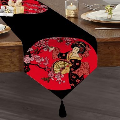 Çiçek Desenli Yelpazeli Japon Kız Motifli Modern Püsküllü Şönil Üçgen Runner