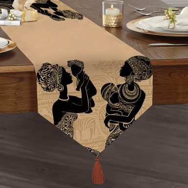Etnik Desen Zeminli Bebekli Afrika Kadın Motifli Modern Püsküllü Şönil Üçgen Runner