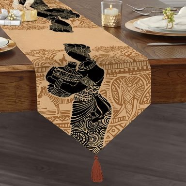 Etnik Desen Zeminli Afrika Kadın Motifli Dekoratif Püsküllü Şönil Üçgen Runner