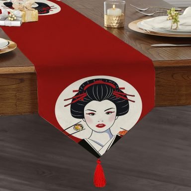 Suşi Yiyen Japon Kız Motifli Modern Püsküllü Şönil Üçgen Runner