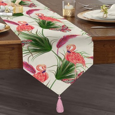 Flamingo Desen Dijital Baskılı Modern Püsküllü Şönil Üçgen Runner