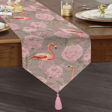 Flamingo Desenli Dijital Baskılı Püsküllü Şönil Üçgen Runner