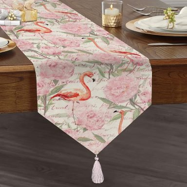 Flamingo Desenli Dijital Baskılı Püsküllü Şönil Üçgen Runner