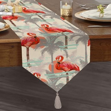 Flamingo Desenli Dijital Baskılı Püsküllü Şönil Üçgen Runner