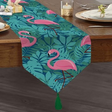 Flamingo Desenli Dijital Baskılı Püsküllü Şönil Üçgen Runner