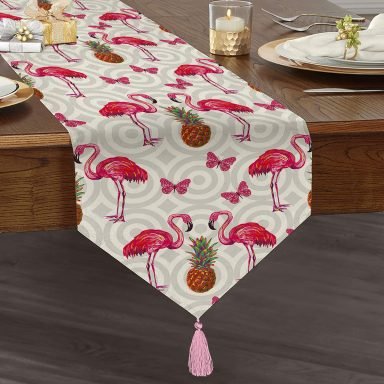 Flamingo Desenli Dijital Baskılı Dekoratif Püsküllü Şönil Üçgen Runner