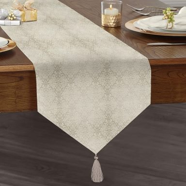 Gümüş Renk Damask Desenli Modern Püsküllü Şönil Üçgen Runner