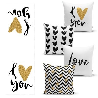 I Love You Motifli 4 Kırlent Kılıfı ve 1 Runner Seti