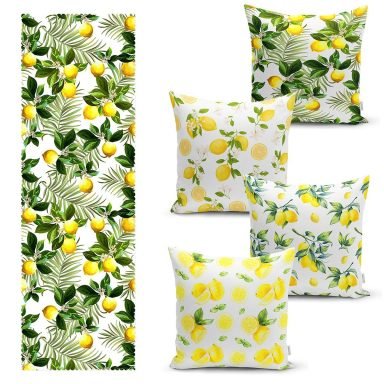 Limon Motifli 4 Kırlent Kılıfı ve 1 Runner Seti