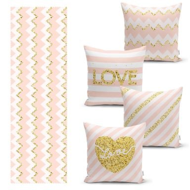 Pembe & Beyaz Altın Varaklı Love Temalı 4 Kırlent Kılıfı ve 1 Runner Seti