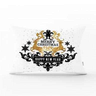 Siyah Beyaz Geyikli Mery Christmas Motifli Dijital Baskılı Modern Dikdörtgen Kırlent Kılıfı