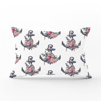Beyaz Zemin Çapa Motifli Dijital Baskılı Modern Dikdörtgen Kırlent Kılıfı