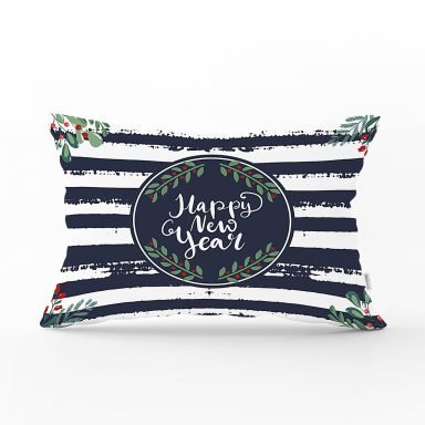 Lacivert Çizgili Happy New Year Motifli Dijital Baskılı Modern Dikdörtgen Kırlent Kılıfı