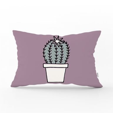 Açık Mor Zemin Sade Kaktüs Tasarımlı Dijital Baskılı Dekoratif Dikdörtgen Kırlent Kılıfı