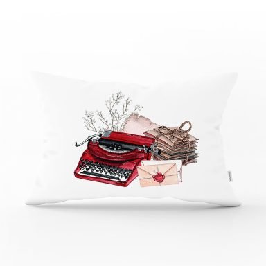 Retro Defter & Tüylü Kalem Tasarımlı Dijital Baskılı Modern Dikdörtgen Kırlent Kılıfı