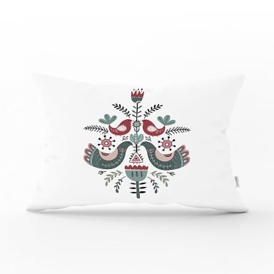 Kuş & Çiçek Motifli Dijital Baskılı Modern Dikdörtgen Kırlent Kılıfı