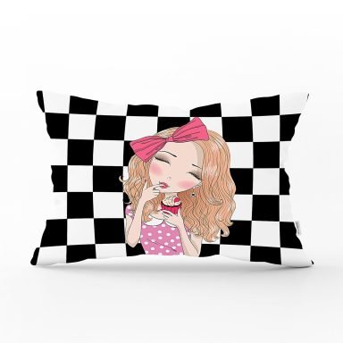 Dama Zeminli Pancakeli Kız Desenli  Dijital Baskılı Modern Dikdörtgen Kırlent Kılıfı