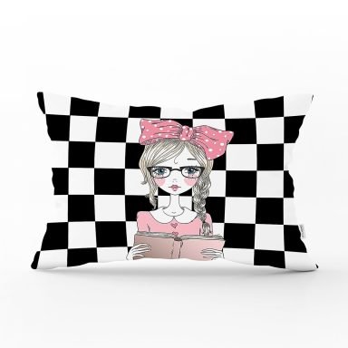 Dama Zeminli Kitap Okuyan Kız Tasarımlı  Dijital Baskılı Modern Dikdörtgen Kırlent Kılıfı