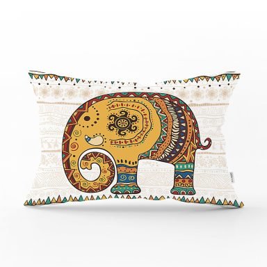 Etnik Figürlü Fil Desenli Dijital Baskılı Dekoratif Dikdörtgen Kırlent Kılıfı