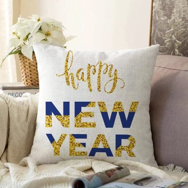 Beyaz Zemin Gold & Lacivert Happy New Year Çizimli Dijital Baskılı Modern Raşel Kırlent Kılıfı