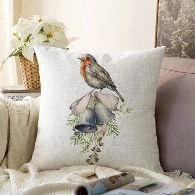 Çan & Kuş Motifli Dijital Baskılı Modern Raşel Yastık Kırlent Kılıfı