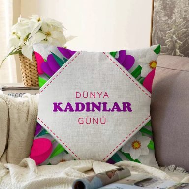 Özel Tasarım Kadınlar Günü Çiçek Desenli Dijital Baskılı Modern Raşel Yastık Kırlent Kılıfı