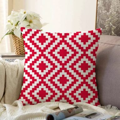 Kırmızı Geometrik Çizimli Dijital Baskılı Modern Raşel Yastık Kırlent Kılıfı